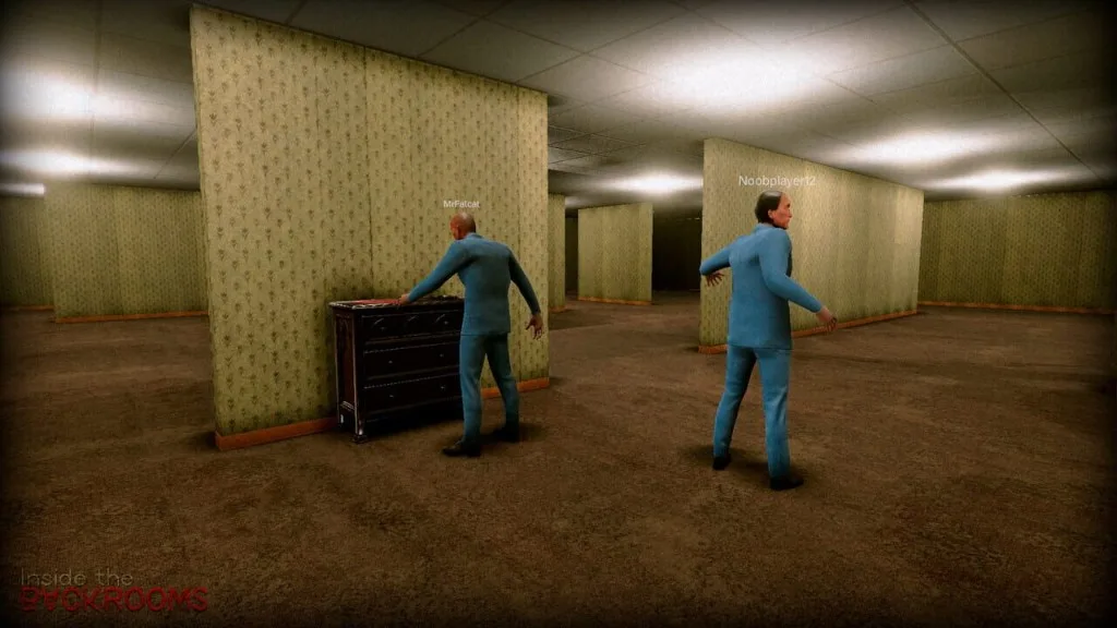 Backrooms co-op run with two players exploring liminal halls