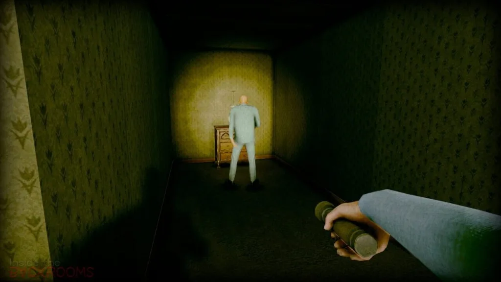 Backrooms entity encounter in a dark hallway with flashlight